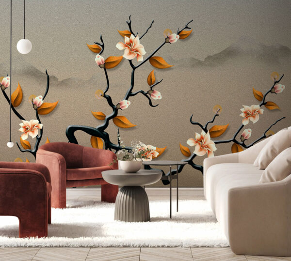 Wall murals Blooming branches in serene landscape Wall murals Blooming branches in serene landscape