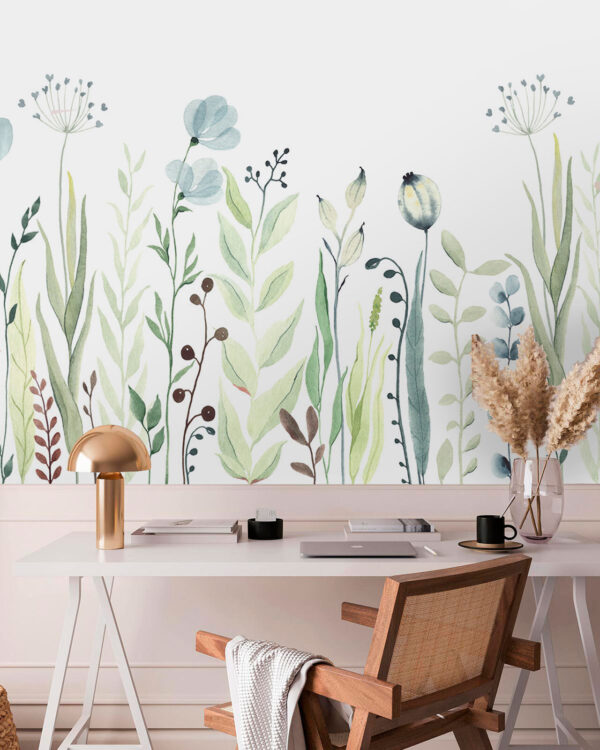 Wall murals Watercolor painting of flowers and leaves Wall murals Watercolor painting of flowers and leaves