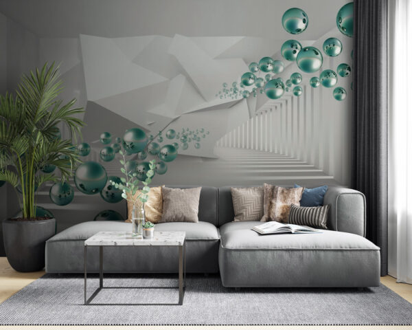 Floating spheres in geometric hallway Wall murals Floating spheres in geometric hallway
