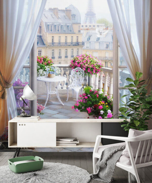 Serene Parisian balcony with flowers Wall murals Serene Parisian balcony with flowers