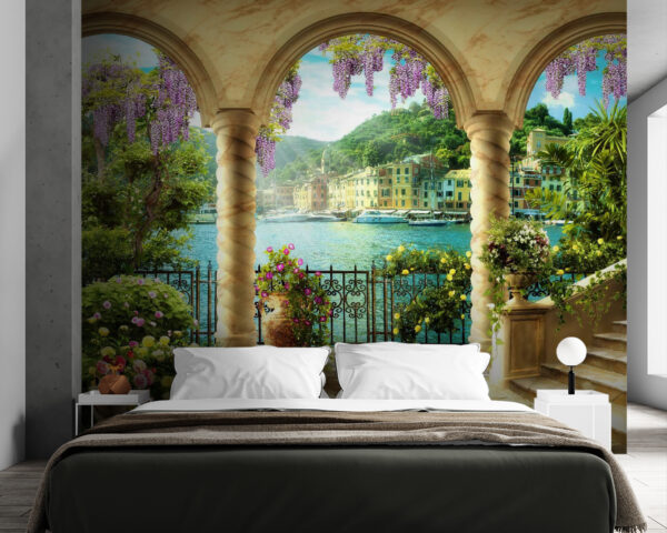 Colorful garden overlooking the harbor Wall mural Colorful garden overlooking the harbor