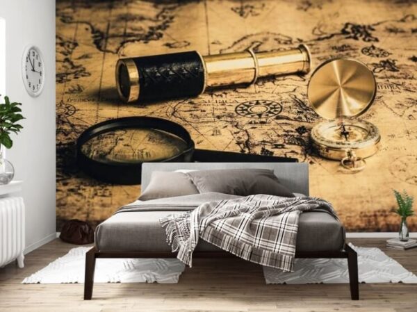 Wall murals Magnifying glass and a telescope on a map Wall murals Magnifying glass and a telescope on a map