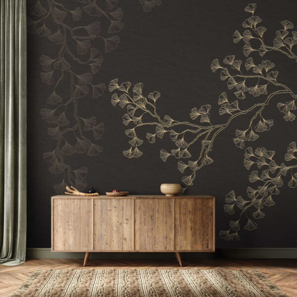 Elegant ginkgo leaves on dark background Wall murals Elegant ginkgo leaves on dark background