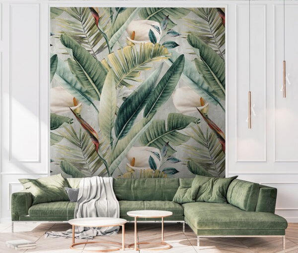 Wall murals Pattern of green leaves and flowers Wall murals Pattern of green leaves and flowers