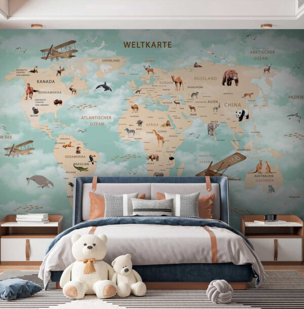 Wall murals Map of the world with animals Wall murals Map of the world with animals