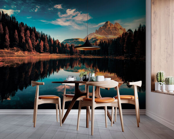 Wall murals Lake surrounded by trees and mountains Wall murals Lake surrounded by trees and mountains