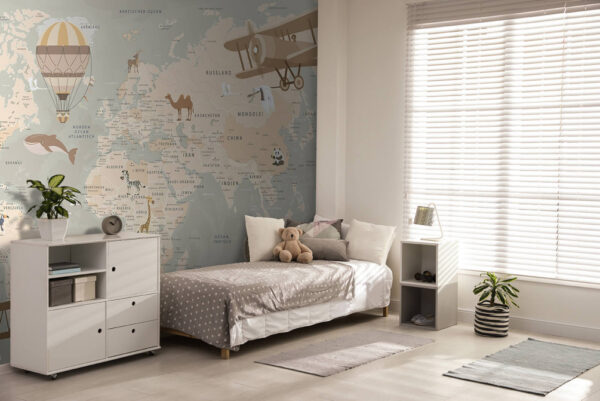 Wall murals Map of the world with airplanes and hot air balloons Wall murals Map of the world with airplanes and hot air balloons