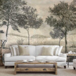 Wall murals Etched trees in serene landscape.