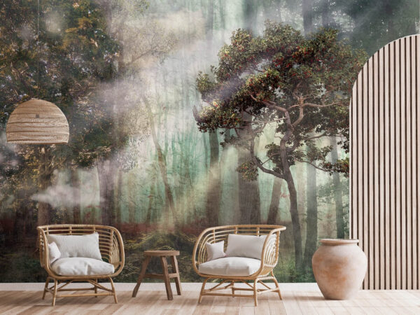 Wall murals Foggy forest with trees and fog Wall murals Foggy forest with trees and fog