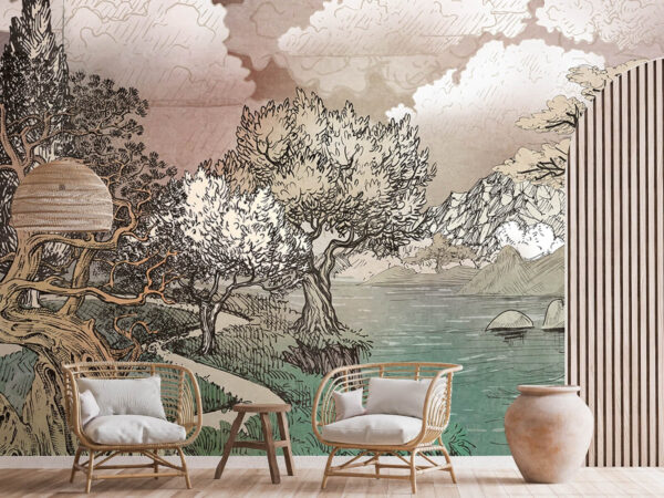 Wall murals Landscape with trees and a lake Wall murals Landscape with trees and a lake