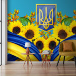 Wall murals Sunflowers and blue-yellow emblem.