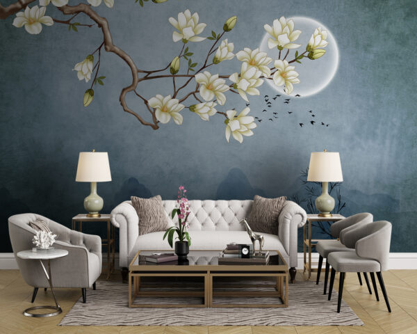 Wall murals Painting of a tree branch with white flowers Wall murals Painting of a tree branch with white flowers