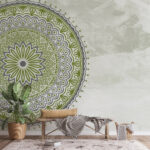 Wall mural Grey circle with green leaves