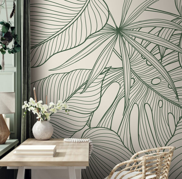 Wall mural Green leaves with intricate line patterns (SKU: u98420) Wall mural Wall mural Green leaves with intricate line patterns (SKU: u98420)