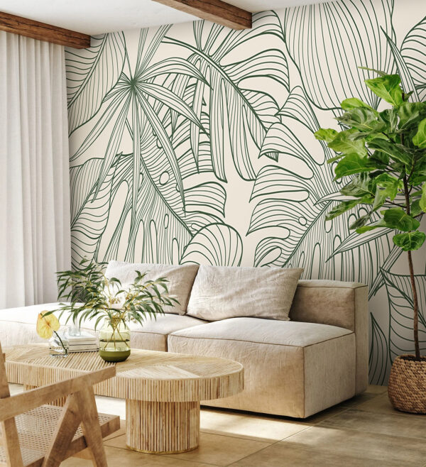 Green leaves with intricate line patterns Wall murals Green leaves with intricate line patterns