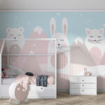 Wall murals White cat with pink cheeks and a pink egg