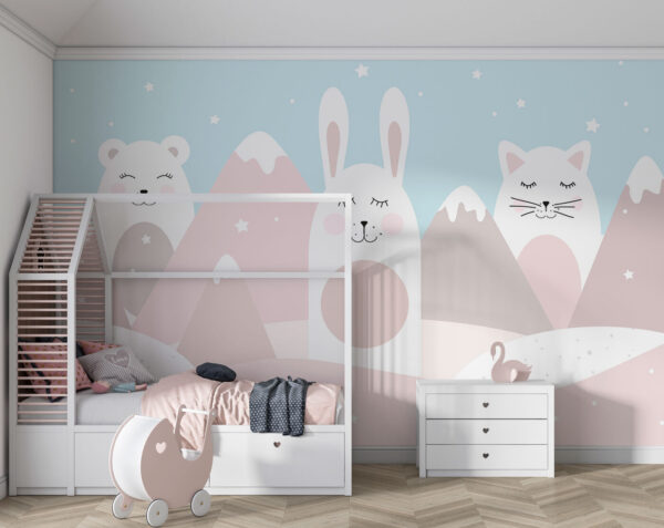 White cat with pink cheeks and a pink egg Wall murals White cat with pink cheeks and a pink egg