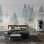 Wall murals Misty forest with lush greenery.