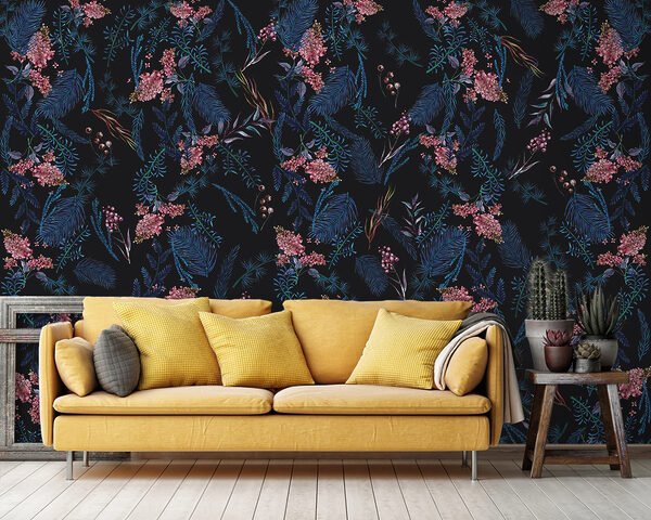Vibrant floral pattern on dark background Wall murals Vibrant floral pattern on dark background