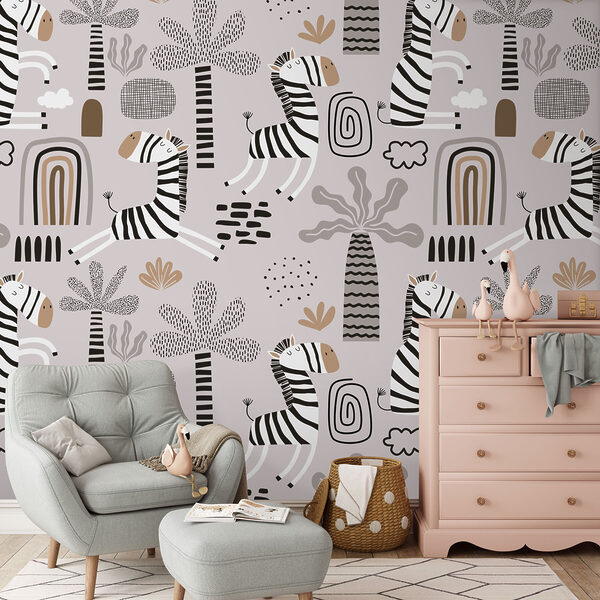 Zebras frolic in playful savanna pattern Wall murals Zebras frolic in playful savanna pattern