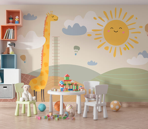 Giraffe measuring the height of a child's height Wall murals Giraffe measuring the height of a child's height