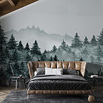 Wall murals Misty forest with evergreen trees.
