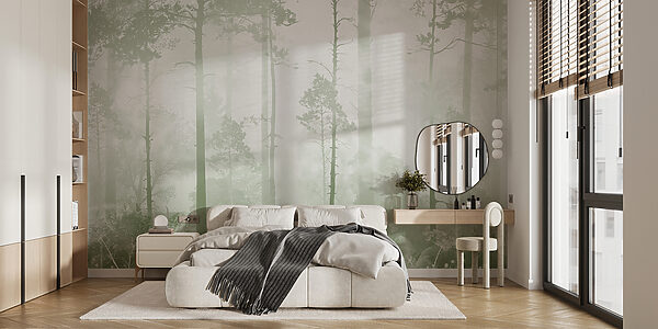 Foggy forest with tall trees Wall mural Foggy forest with tall trees