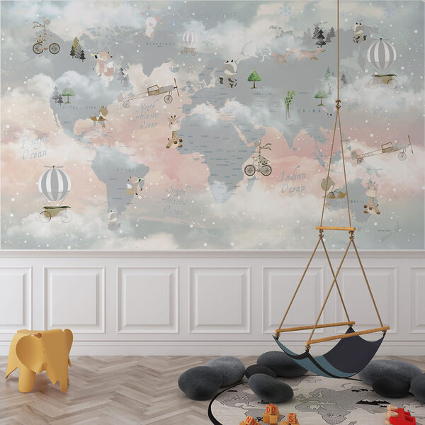Map of the world with clouds and animals Wall murals Map of the world with clouds and animals