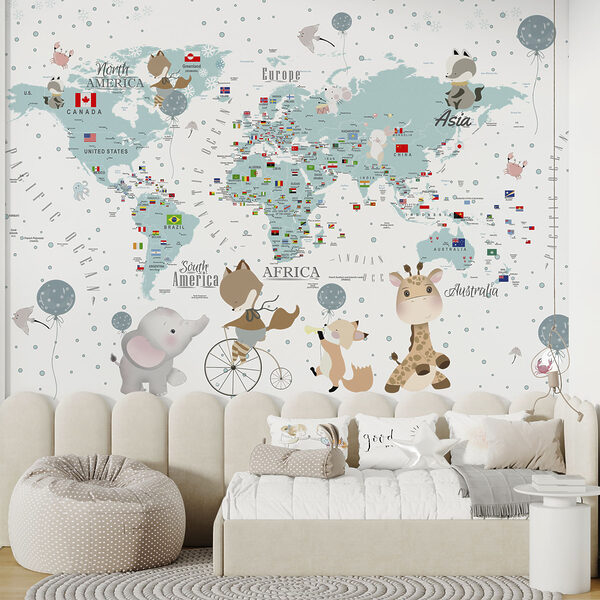 Map of the world with animals Wall mural Map of the world with animals