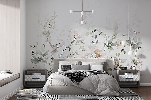 Hummingbirds among delicate floral patterns Wall murals Hummingbirds among delicate floral patterns