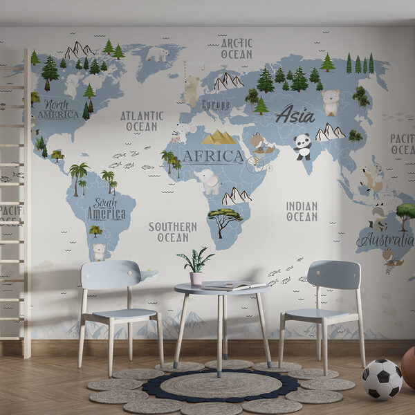 Map of the world with animals and text Wall murals Map of the world with animals and text