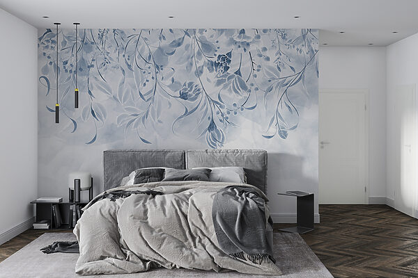 Blue floral pattern with swirling leaves Wall murals Blue floral pattern with swirling leaves