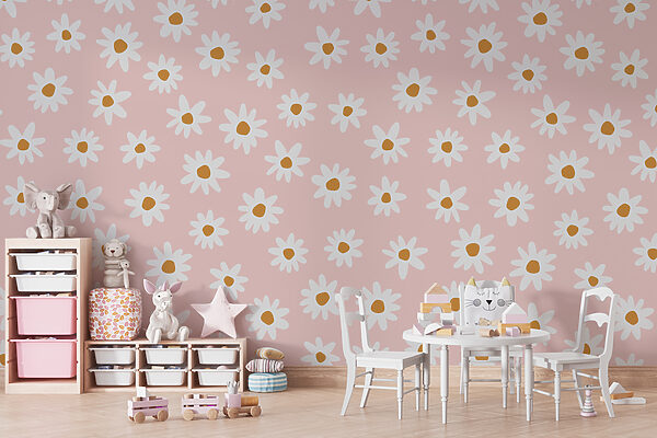 Pattern of white flowers on a pink background Wall murals Pattern of white flowers on a pink background