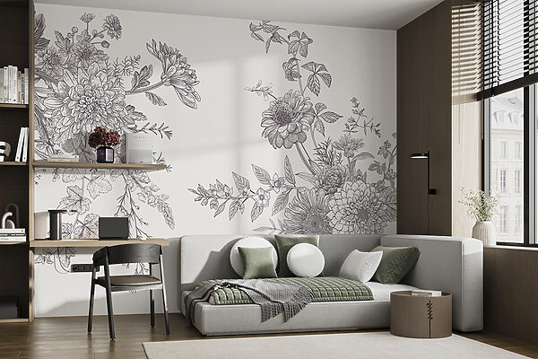 Wall murals Intricate floral pencil sketch design