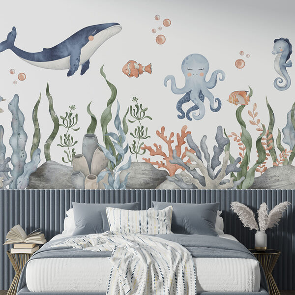 Wall murals Wall murals Whale and octopus under water (SKU: w00383)