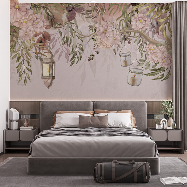Lanterns and blossoms create dreamy scene Wall murals Lanterns and blossoms create dreamy scene