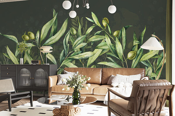 Olive branches with lush green leaves Wall mural Olive branches with lush green leaves