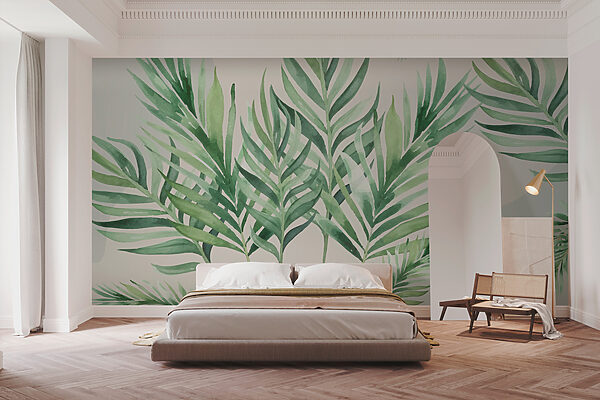 Wall murals Wall murals Tropical leaves in soft watercolor. (SKU: w00416)