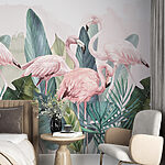 Wall murals Group of pink flamingos and leaves