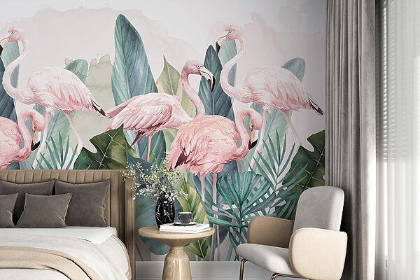 Wall murals Group of pink flamingos and leaves Wall murals Group of pink flamingos and leaves