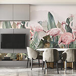 Wall murals Group of pink flamingos and leaves