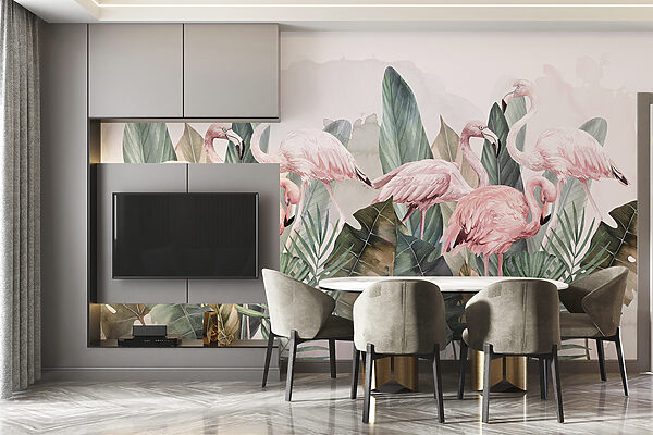 Wall murals Group of pink flamingos and leaves Wall murals Group of pink flamingos and leaves