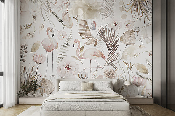 Wall murals Flamingos dance amidst botanical dreams Wall murals Flamingos dance amidst botanical dreams