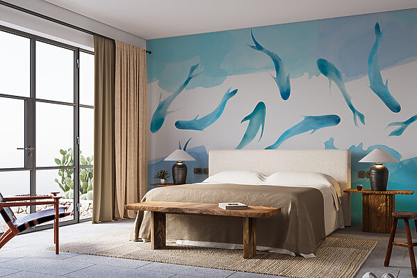 Wall murals Group of blue fish swimming in water Wall murals Group of blue fish swimming in water