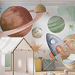 Wall murals Rocket flying past colorful planets.