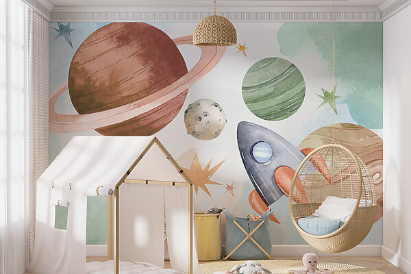 Wall murals Rocket flying past colorful planets Wall murals Rocket flying past colorful planets