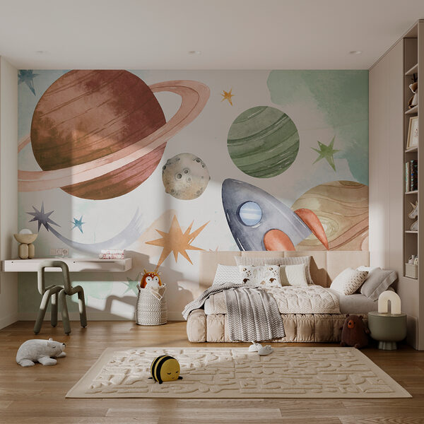 Wall mural Rocket flying past colorful planets