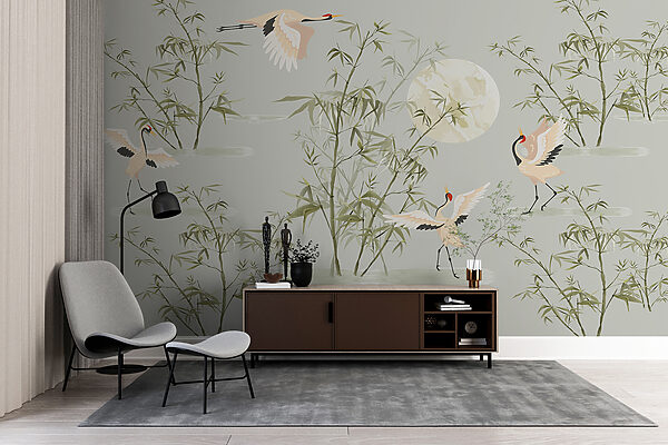 Wall murals Cranes and bamboo under the moon Wall murals Cranes and bamboo under the moon