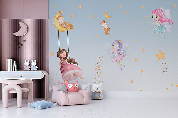 Wall murals Girl in a pink dress on a swing Wall murals Girl in a pink dress on a swing