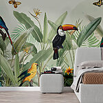 Wall murals Vibrant birds in lush jungle scene.
